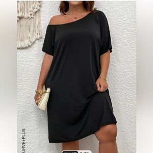 Shein Plus Asymmetrical Neck Black Tee Dress OXL(12) NIB!